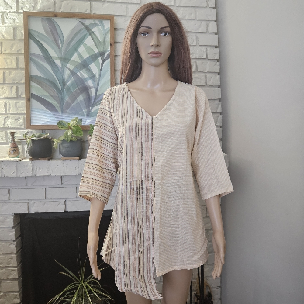 Leopards & Roses tunic top Medium gray tan assymetrical patchwork half sleeves